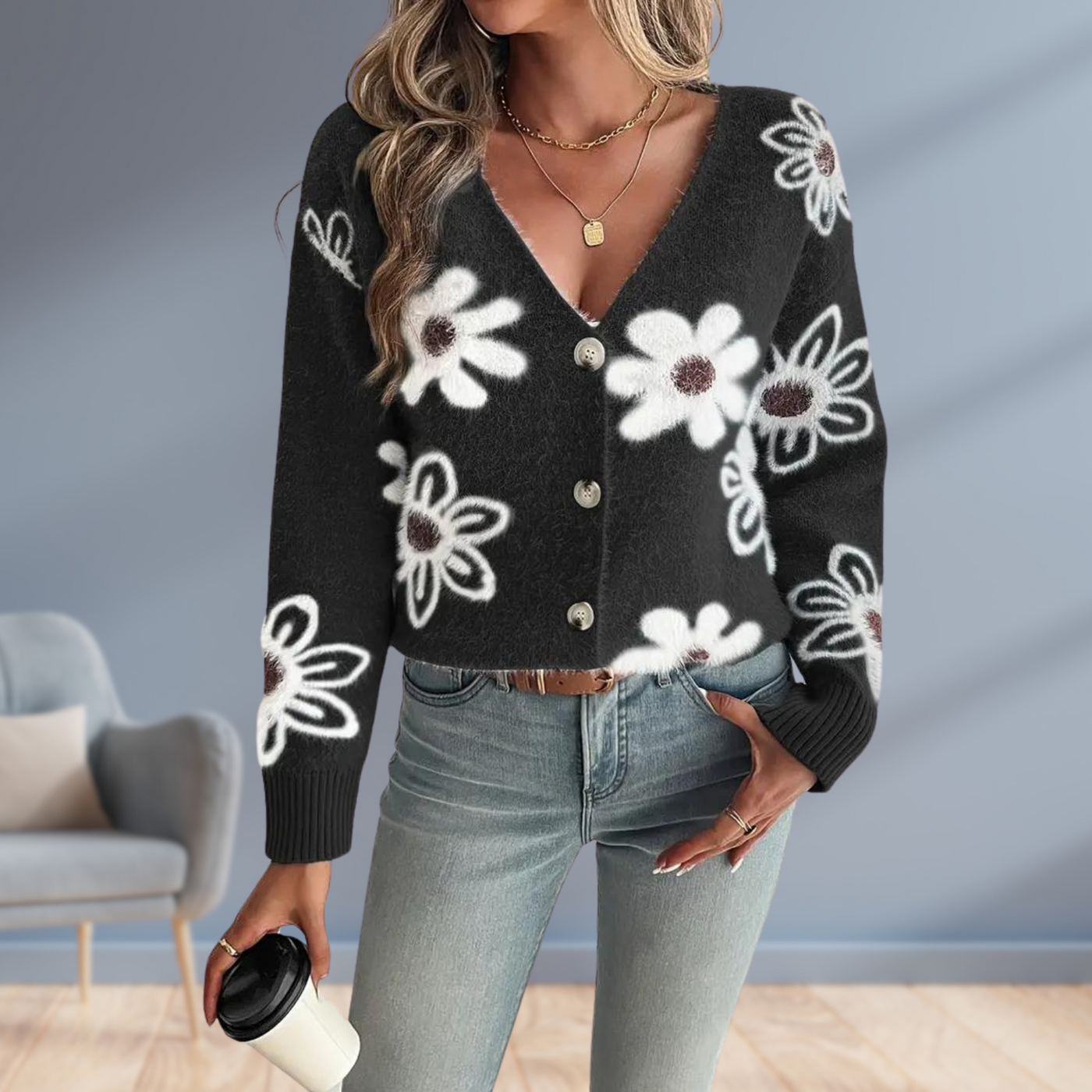 Daisy Dream | Warm Knit Cardigan with Floral Detail