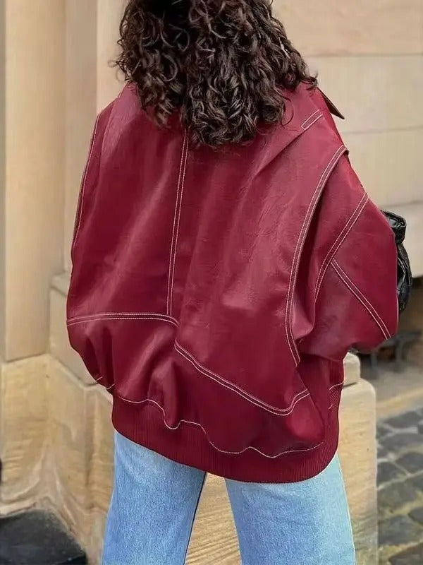 Elena | Oversized Leather Jacket with Zipper Closure