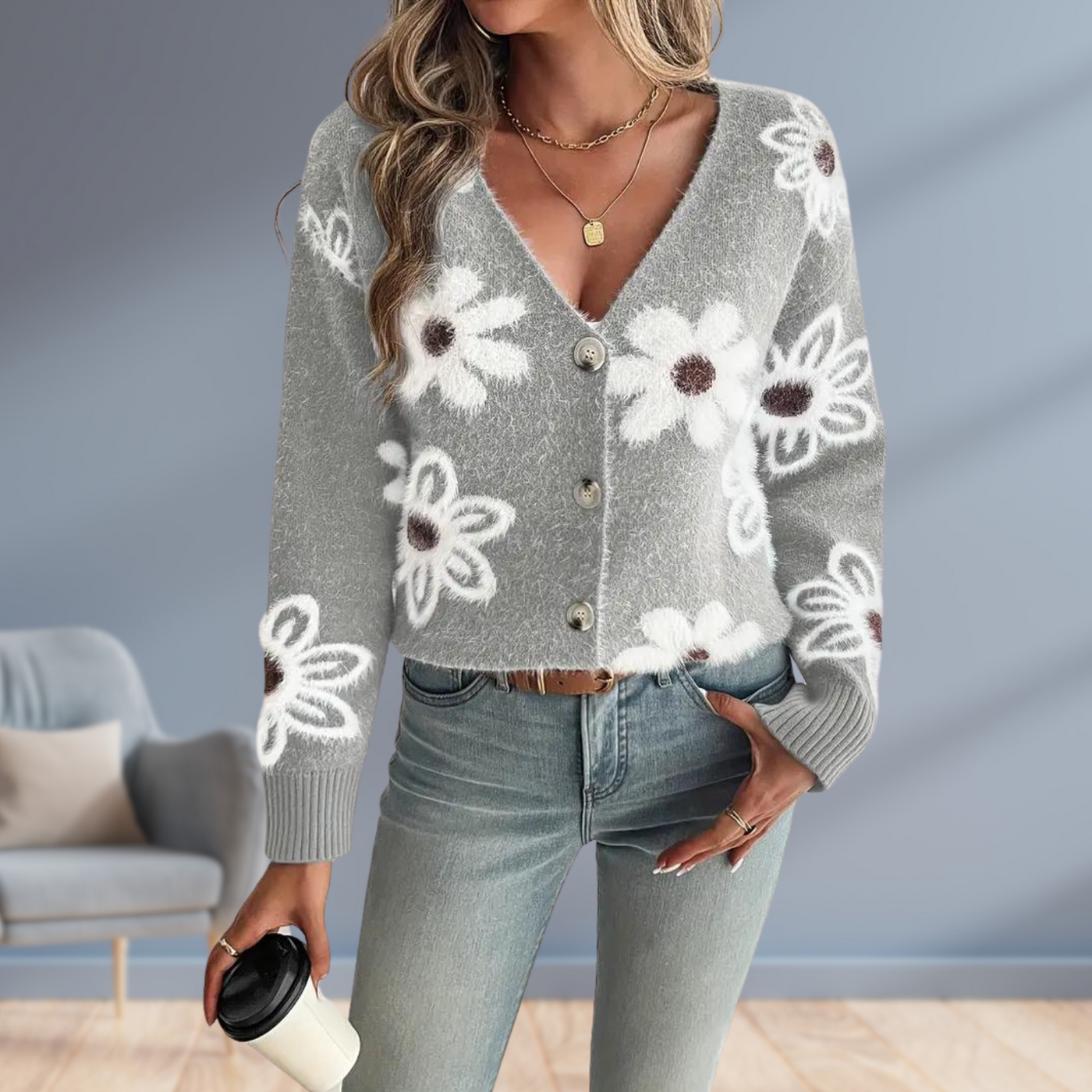 Daisy Dream | Warm Knit Cardigan with Floral Detail