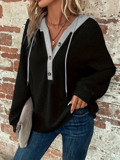 VIVIEN | Long Sleeve Hoodie with Button Placket & Drawstring