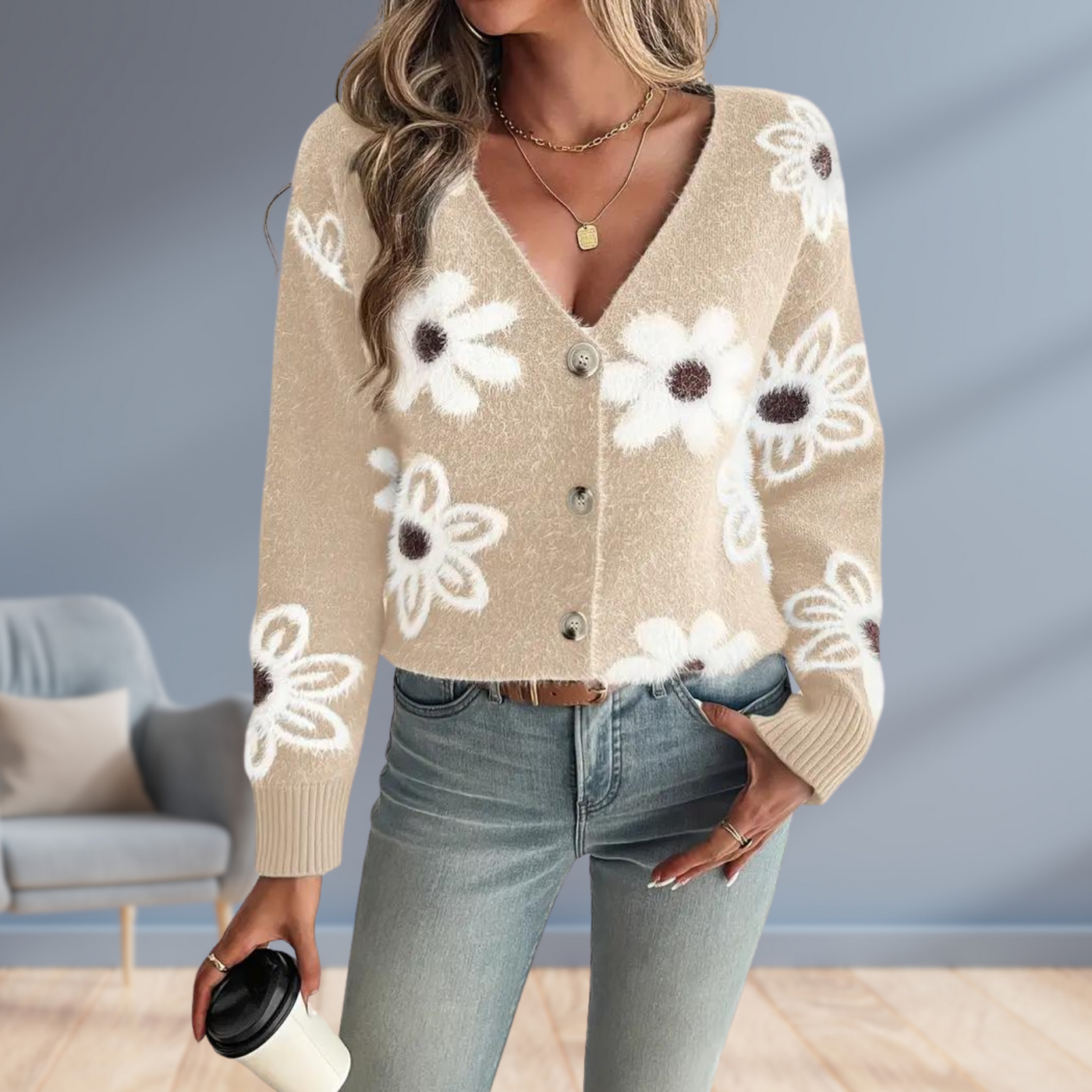 Daisy Dream | Warm Knit Cardigan with Floral Detail