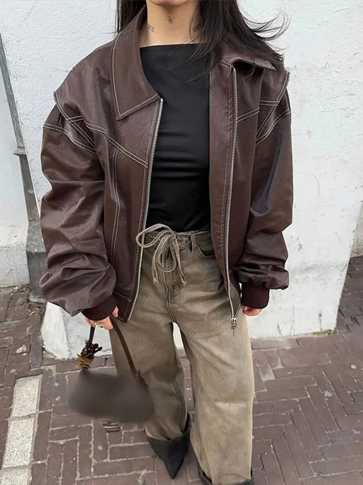 Elena | Oversized Leather Jacket with Zipper Closure