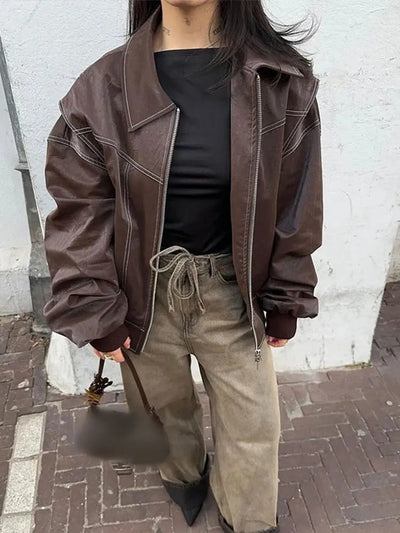 Elena | Oversized Leather Jacket with Zipper Closure