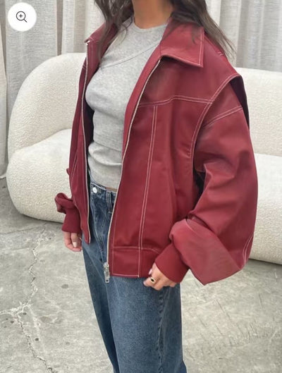 Elena | Oversized Leather Jacket with Zipper Closure