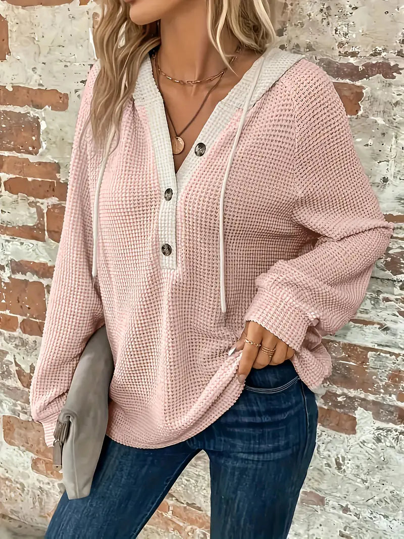 VIVIEN | Long Sleeve Hoodie with Button Placket & Drawstring
