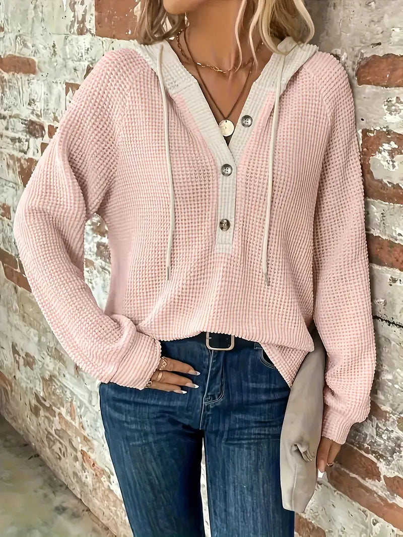 VIVIEN | Long Sleeve Hoodie with Button Placket & Drawstring