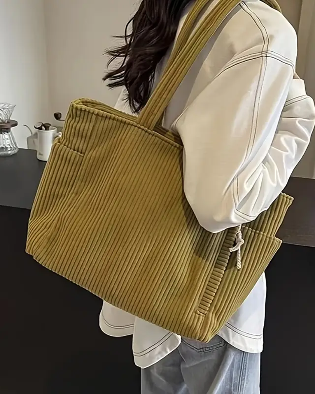 IRENE | Ribbed Tote Bag with Stylish Drawstring Detail
