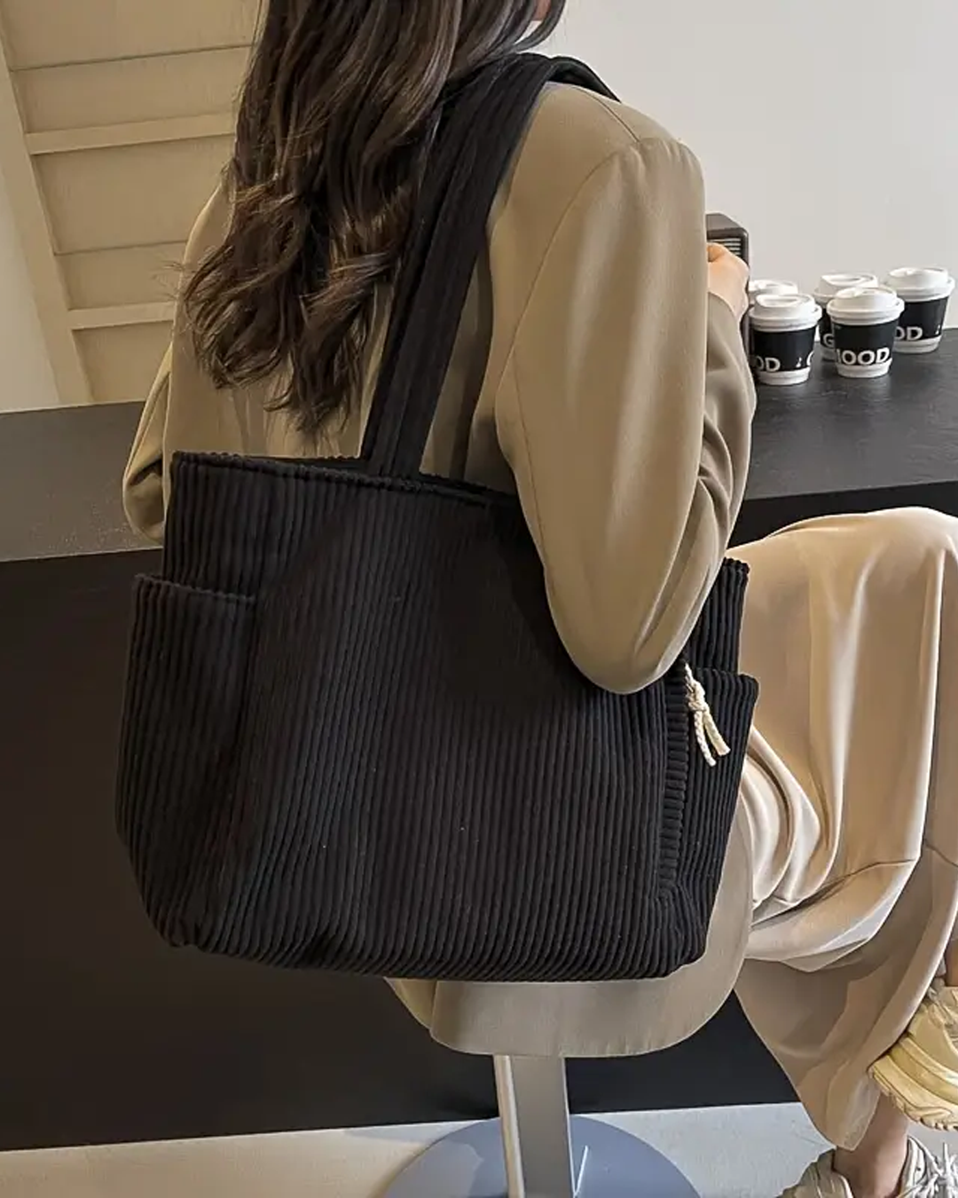 IRENE | Ribbed Tote Bag with Stylish Drawstring Detail