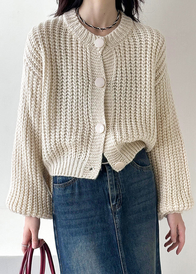 Long-Sleeve Knit Cardigan with O-Neck, Beige