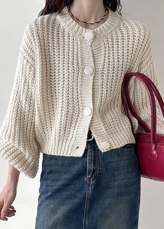 Long-Sleeve Knit Cardigan with O-Neck, Beige