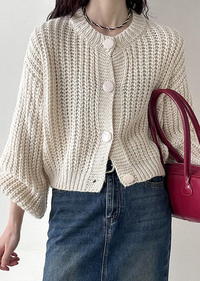 Long-Sleeve Knit Cardigan with O-Neck, Beige