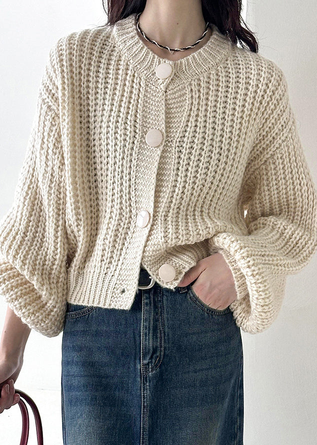 Long-Sleeve Knit Cardigan with O-Neck, Beige