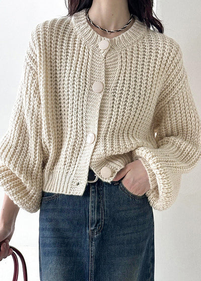 Long-Sleeve Knit Cardigan with O-Neck, Beige