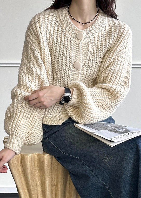 Long-Sleeve Knit Cardigan with O-Neck, Beige