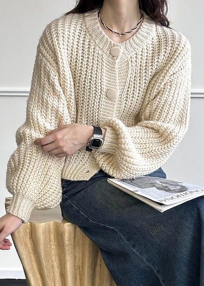 Long-Sleeve Knit Cardigan with O-Neck, Beige