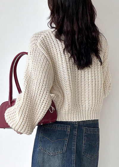 Long-Sleeve Knit Cardigan with O-Neck, Beige