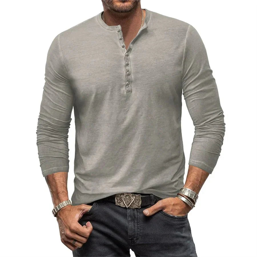Henley Long Sleeve Shirt with Button Placket for Men