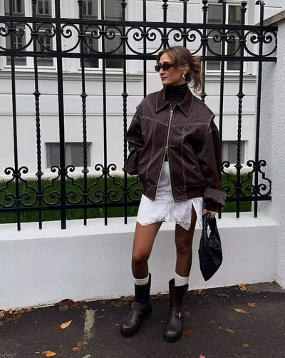 Elena | Oversized Leather Jacket with Zipper Closure