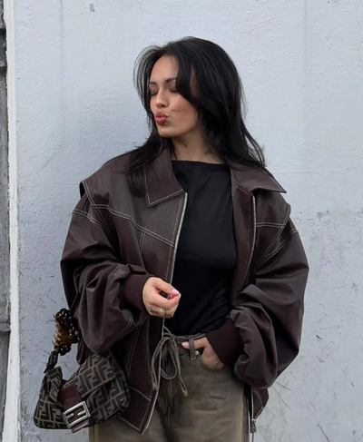 Elena | Oversized Leather Jacket with Zipper Closure