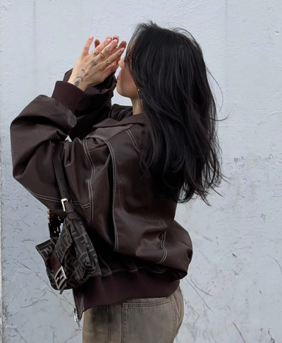 Elena | Oversized Leather Jacket with Zipper Closure