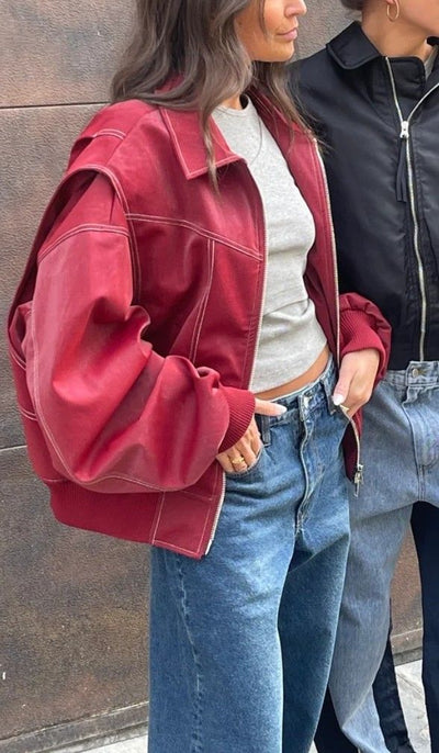 Elena | Oversized Leather Jacket with Zipper Closure