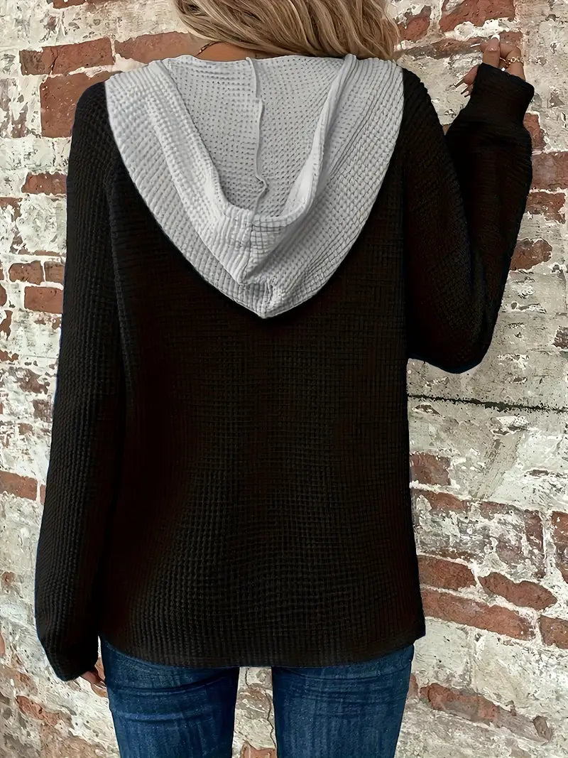 VIVIEN | Long Sleeve Hoodie with Button Placket & Drawstring