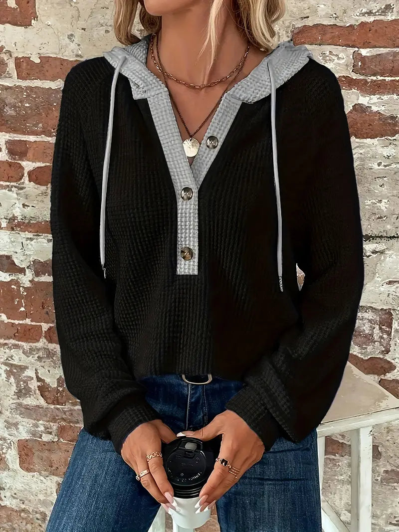 VIVIEN | Long Sleeve Hoodie with Button Placket & Drawstring