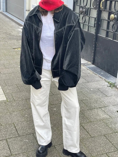 Elena | Oversized Leather Jacket with Zipper Closure
