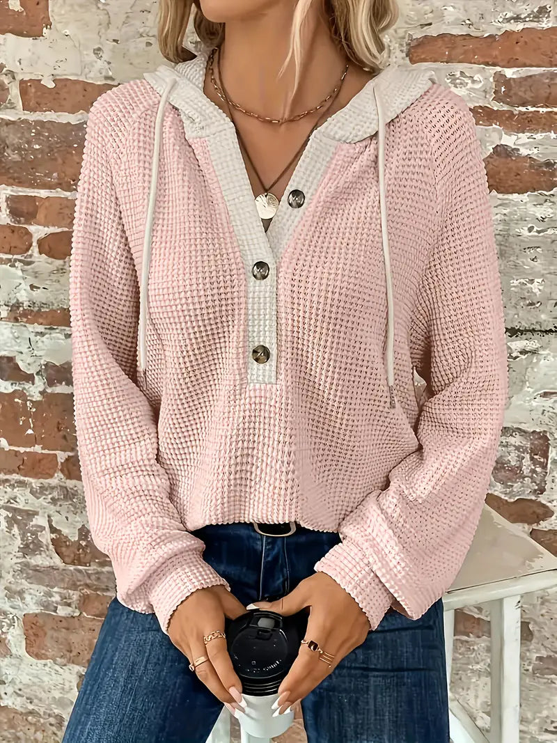 VIVIEN | Long Sleeve Hoodie with Button Placket & Drawstring