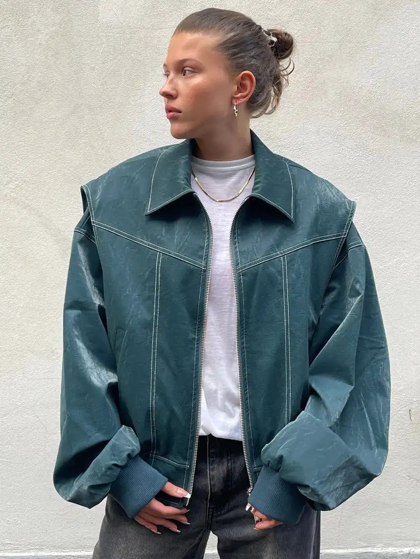 Elena | Oversized Leather Jacket with Zipper Closure