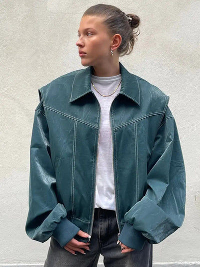 Elena | Oversized Leather Jacket with Zipper Closure