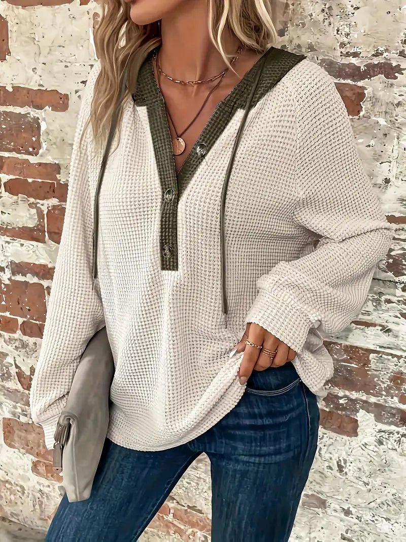 VIVIEN | Long Sleeve Hoodie with Button Placket & Drawstring