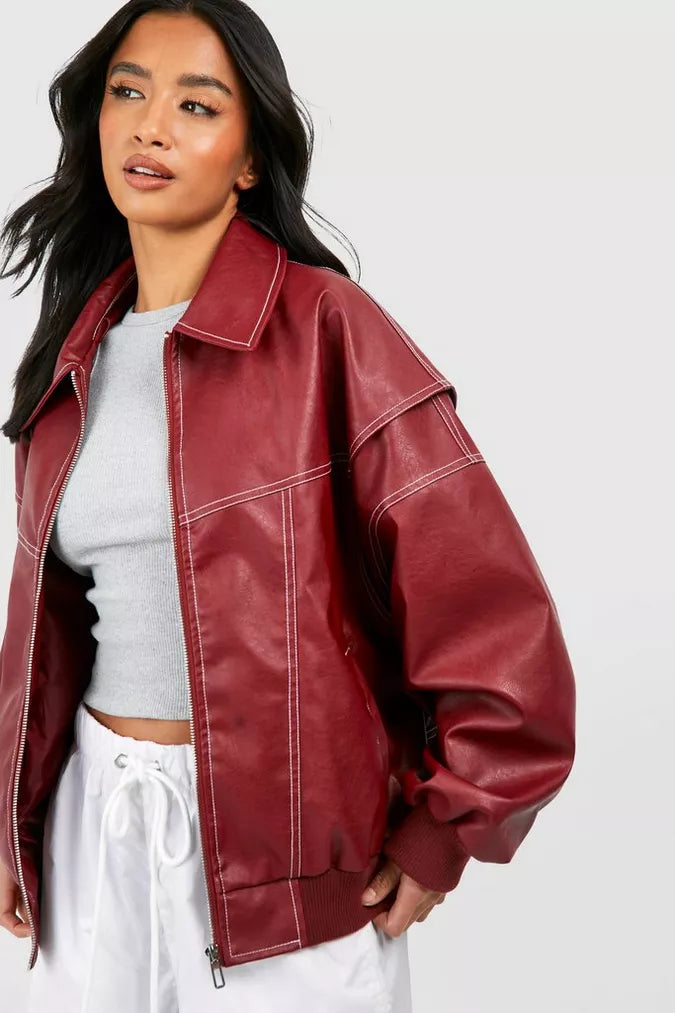 Elena | Oversized Leather Jacket with Zipper Closure