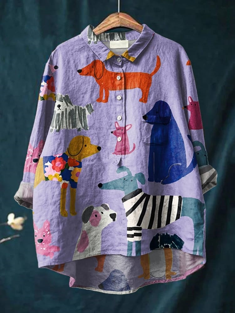 Clara | Women’s Dog Print Casual Cotton Linen Shirt
